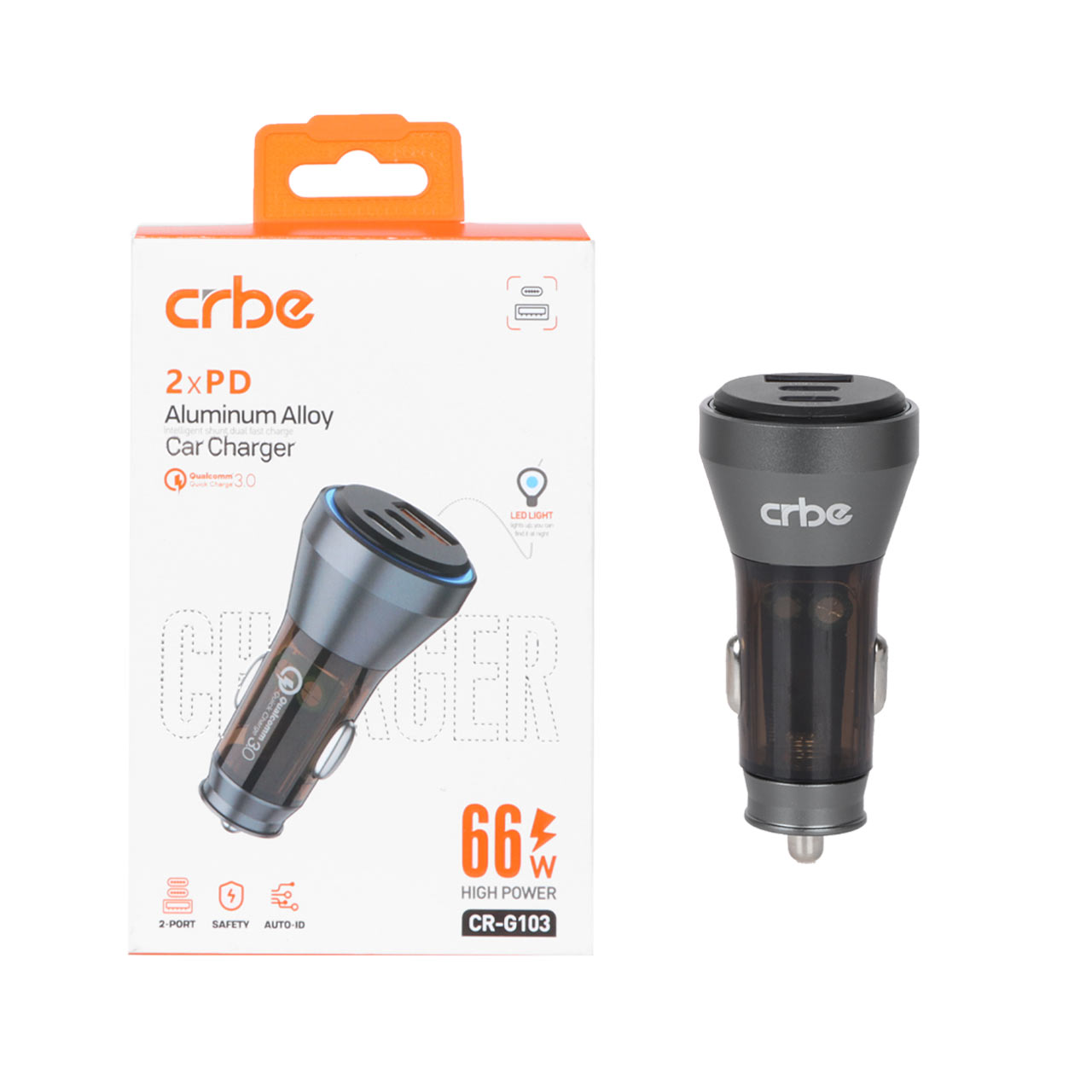 شارژر فندکی فست و PD سه پورت Crbe مدل CR-G103 66W - خاکستری (گارانتی یکساله PMC)
