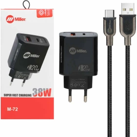 شارژر دیواری سوپر فست و PD دو پورت Miller مدل M-72 38W به همراه کابل شارژ Type-C - مشکی