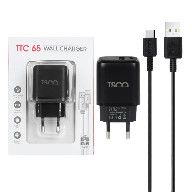 شارژر دیواری PD و فست دو پورت تسکو مدل TTC 65 20W همراه با کابل شارژ TYPE-C - مشکی